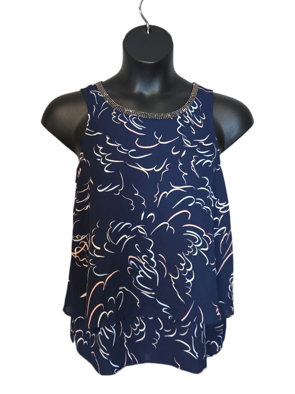 Juicy Couture Navy Abstract Floral Beaded Layered Tank Top - Size M